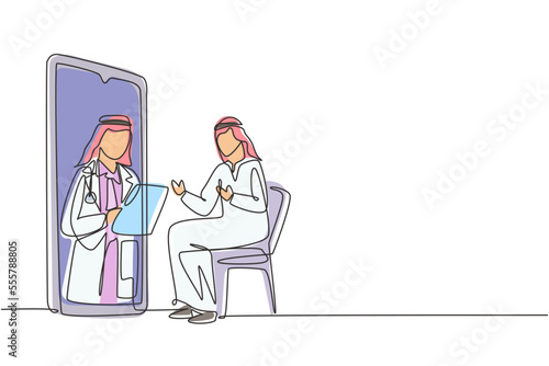 Single continuous line drawing Arabian male doctor holding clipboard checking condition of male patient sitting on chair. Online consultation. Dynamic one line draw graphic design vector illustration © Simple Line