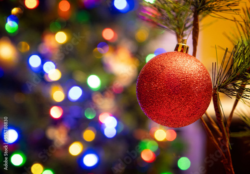 Red Christmas ornament on a small tree like Charlie Brown Christmas