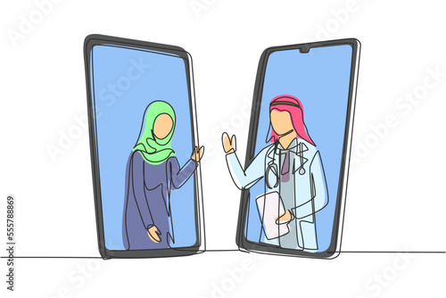 Continuous one line drawing two smartphones face to face and contain hijab female patient and Arab male doctor with their bodies as if coming out of smartphone. Single line draw design vector graphic