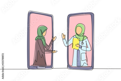 Single continuous line drawing two smartphones face to face and contain hijab female patient and hijab female doctor with their bodies as if coming out of a smartphone. One line draw graphic design