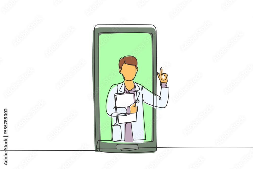 Single one line drawing male doctor comes out of smartphone screen holding clipboard. Online medical services, medical consultation. Modern continuous line draw design graphic vector illustration Single one line drawing male doctor comes out of smartphone screen holding clipboard. Online medical services, medical consultation. Modern continuous line draw design graphic vector illustration