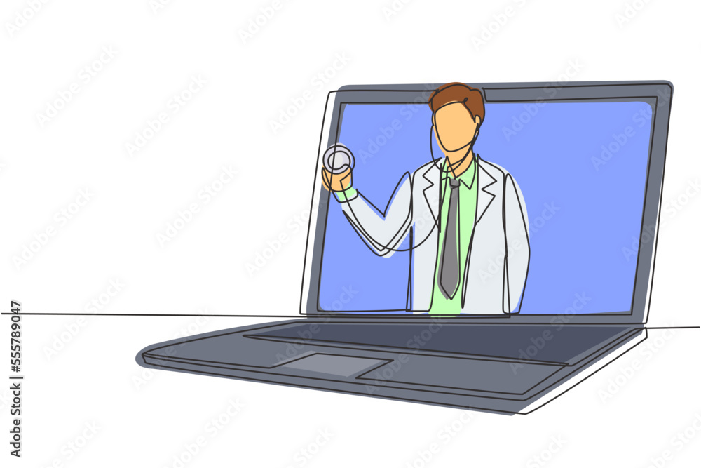 Single continuous line drawing male doctor comes out of laptop screen holding stethoscope. Online medical services, medical consultation. Dynamic one line draw graphic design vector illustration Single continuous line drawing male doctor comes out of laptop screen holding stethoscope. Online medical services, medical consultation. Dynamic one line draw graphic design vector illustration