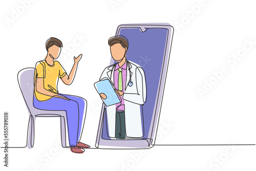Continuous one line drawing male doctor holding clipboard checking condition of male patient sitting on chair. Online doctor consultation concept. Single line draw design vector graphic illustration