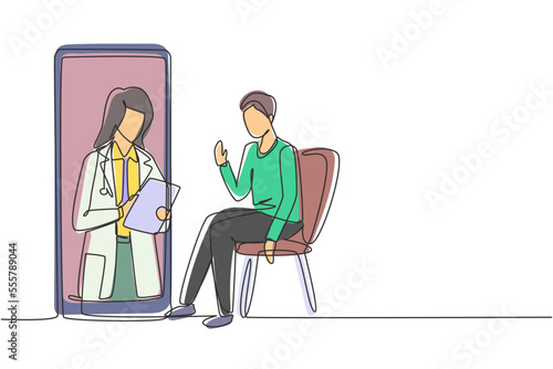 Continuous one line drawing female doctor holding clipboard checking condition of male patient sitting on chair. Online doctor consultation concept. Single line draw design vector graphic illustration