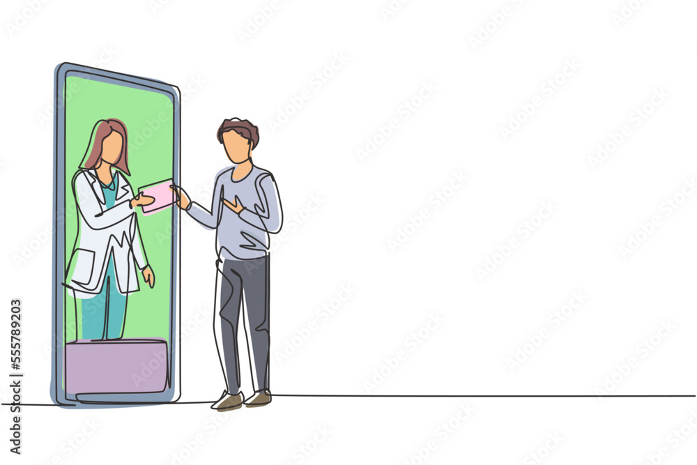 Single one line drawing male patient receiving prescription from female doctor in smartphone. Online medical consultation concept. Modern continuous line draw design graphic vector illustration Single one line drawing male patient receiving prescription from female doctor in smartphone. Online medical consultation concept. Modern continuous line draw design graphic vector illustration