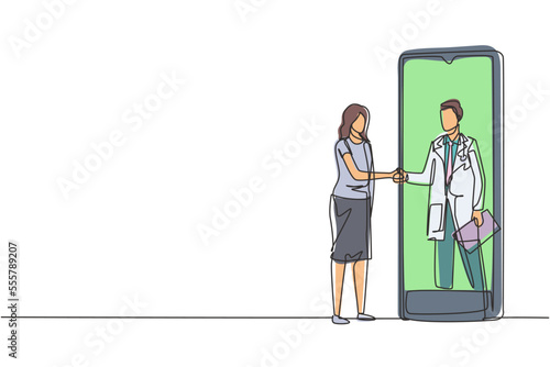 Continuous one line drawing female patient shaking hands with male doctor in smartphone holding clipboard. Online medical consultation concept. Single line draw design vector graphic illustration