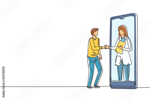 Single one line drawing male patient shaking hands with female doctor in smartphone holding clipboard. Online medical consultation concept. Continuous line draw design graphic vector illustration