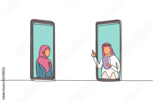 Continuous one line drawing two smartphones face to face and contain hijab female patient and Arab male doctor with their bodies as if coming out of smartphone. Single line draw design vector graphic