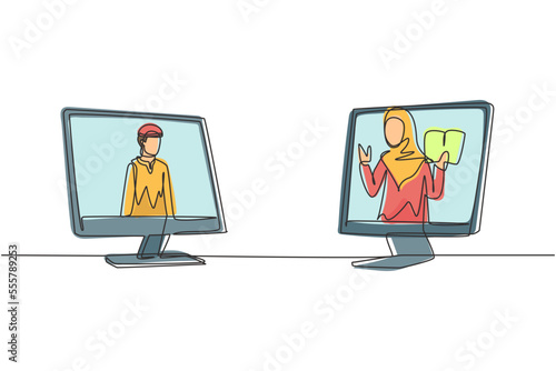Single continuous line drawing two monitors are standing in front of each other, one side contains Arab male student studying and the other contains hijab female teacher teaching. Dynamic one line