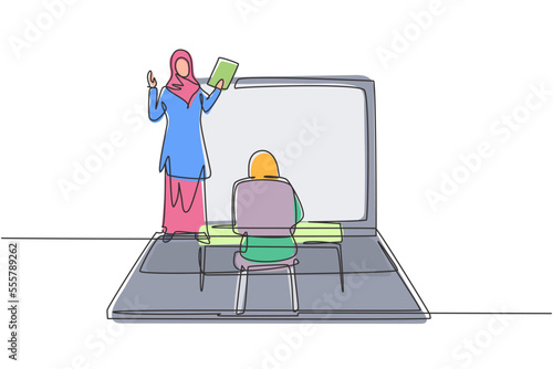 Continuous one line drawing Arabian female teacher standing in front of laptop screen holding book and teaching hijab female students sitting on benches around desk. Single design vector illustration