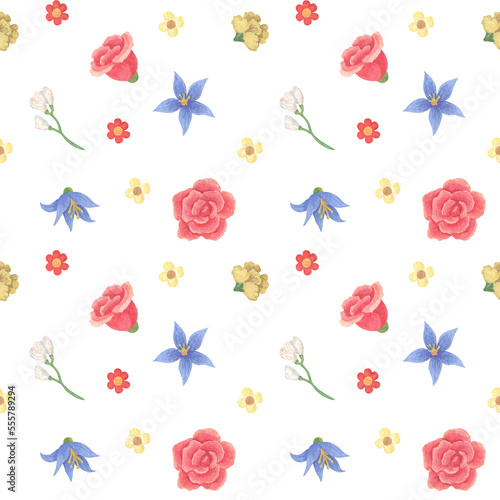 Seamless pattern with flowers. Watercolor and gouache illustration. The print is used for Wallpaper design, fabric, textile, packaging.