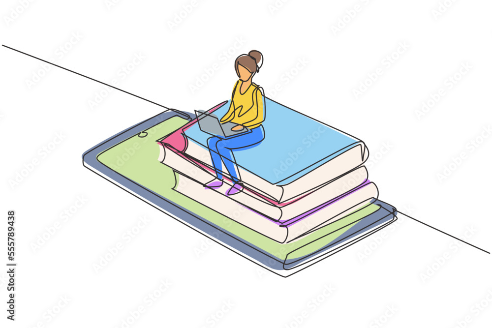Continuous one line drawing female college student sitting on pile of books while typing on laptop on smartphone. Learning online education concept. Single line draw design vector graphic illustration