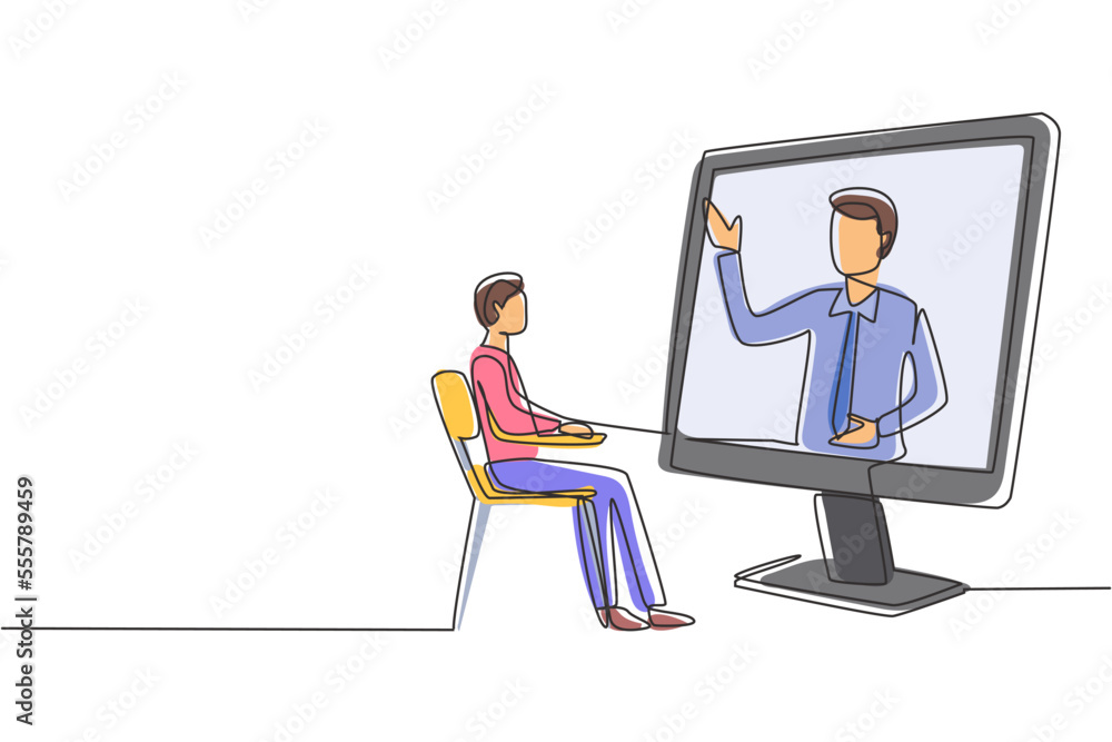 Single continuous line drawing male student sitting studying staring at giant monitor screen and inside laptop there is male lecturer who is teaching. One line draw graphic design vector illustration Single continuous line drawing male student sitting studying staring at giant monitor screen and inside laptop there is male lecturer who is teaching. One line draw graphic design vector illustration