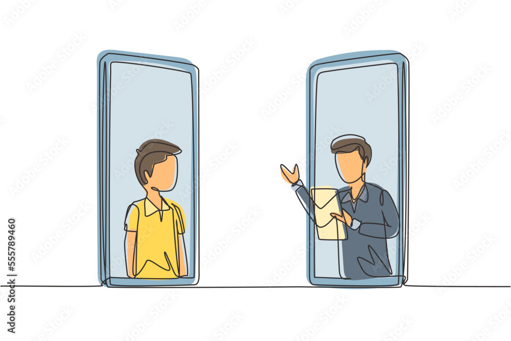Single one line drawing two smartphones are standing in front of each other, one side contains male junior high school student studying and the other contains male teacher teaching. Draw design vector Single one line drawing two smartphones are standing in front of each other, one side contains male junior high school student studying and the other contains male teacher teaching. Draw design vector