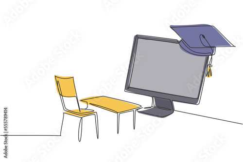 Single one line drawing empty study chairs and desks facing giant monitor screen in which there is blackboard and graduation cap on top. Modern continuous line draw design graphic vector illustration