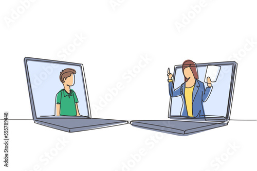Single one line drawing two laptops are standing in front of each other, one side contains male junior high school student studying and the other contains female teacher teaching. Draw design vector