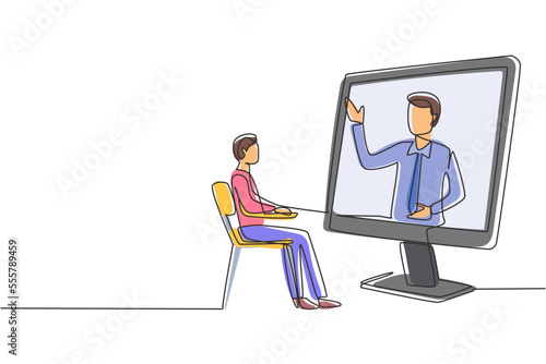 Single continuous line drawing male student sitting studying staring at giant monitor screen and inside laptop there is male lecturer who is teaching. One line draw graphic design vector illustration