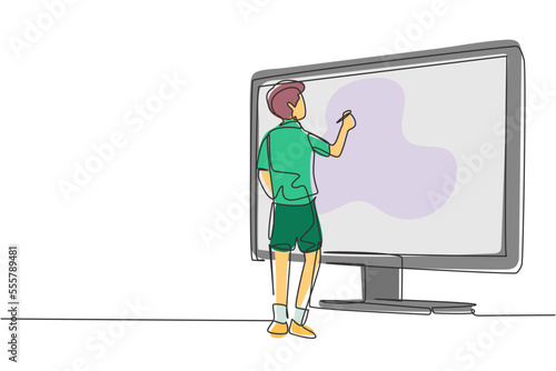 Single continuous line drawing male junior high school student writing on giant monitor screen like he was writing on whiteboard. Learning concept. One line draw graphic design vector illustration