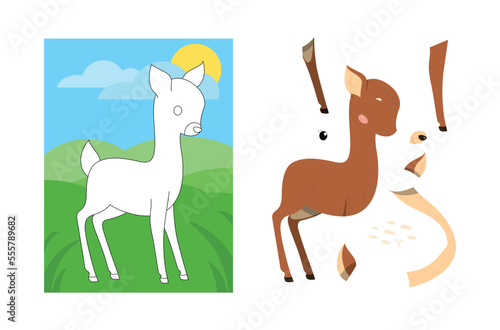 Animal puzzle with deer. Assemble figure from patterns  puzzles. Poster or banner. Development of creative skills and children. Forest dweller  wild life and fauna. Cartoon flat vector illustration