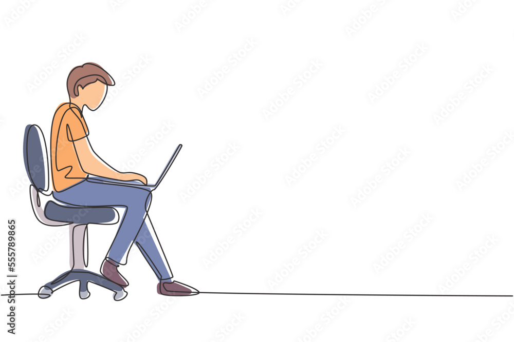 Single continuous line drawing young man with laptop sitting on the chair. Freelance, distance learning, online courses, and studying concept. Dynamic one line draw graphic design vector illustration