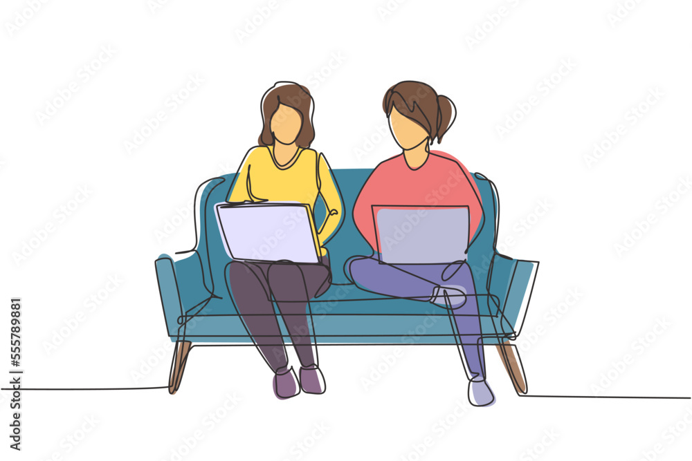 Continuous one line drawing two woman with laptop sitting on the sofa together. Freelance, distance learning, online courses, and studying concept. Single line draw design vector graphic illustration Continuous one line drawing two woman with laptop sitting on the sofa together. Freelance, distance learning, online courses, and studying concept. Single line draw design vector graphic illustration