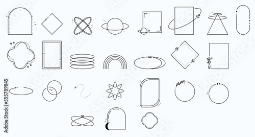 Modern minimalist aesthetic line elements, trendy linear frames with stars, geometric forms. Arch frame with sparkles for social media or poster design, simple decorative boho style border vector set