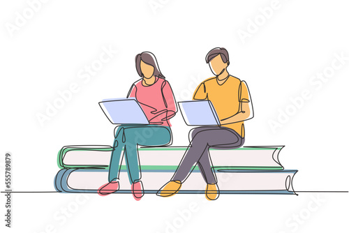 Single one line drawing couple with laptop sitting on pile of books together. Freelance, distance learning, online courses, studying concept. Continuous line draw design graphic vector illustration