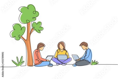 Single one line drawing three students studying with laptop and sitting at the park together. Back to school, online education concept. Modern continuous line draw design graphic vector illustration