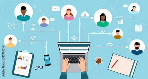 Businessman connecting online and working same project. Online meeting. New normal lifestyle. Social distancing concept. Top view of people working with computer at the work desk. Vector illustration.