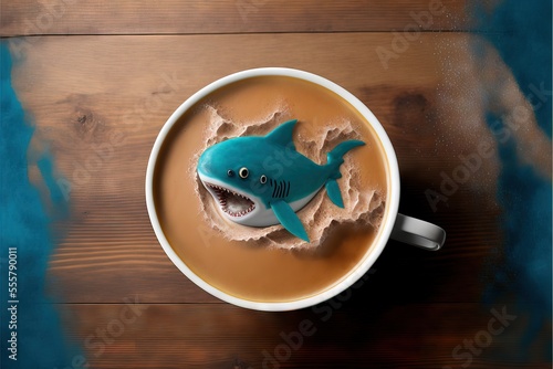 A Shark Coming Out From a Cup of Coffee in the Morning photo