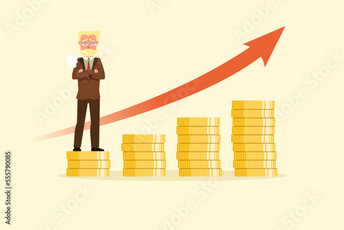 Businessman standing sighing on piles of coins whose prices tend to increase because of higher prices, Overvalued stock market or inflation, Investment bubble causing financial crisis,Business concept