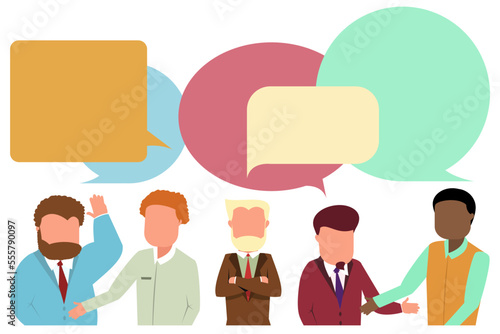 Businessman cartoon characters talking on isolated white background flat vector illustration. Business People Group Chat Communication Bubble. Team brainstorming ideas to achieve the goals concept.