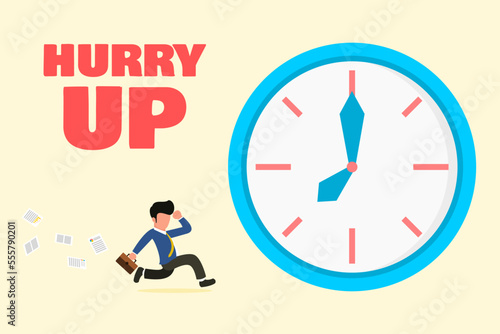 The businessman ran to work in a hurry before it was too late, causing important documents to be scattered in the air. Designed for use in a fast-paced business environment. and compete with time