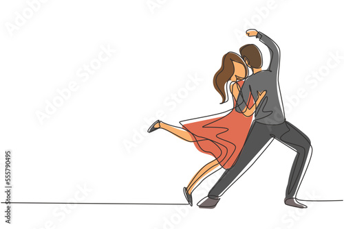Single one line drawing man and woman performing dance at school, studio, party. Male and female characters dancing tango at night club. Modern continuous line draw design graphic vector illustration