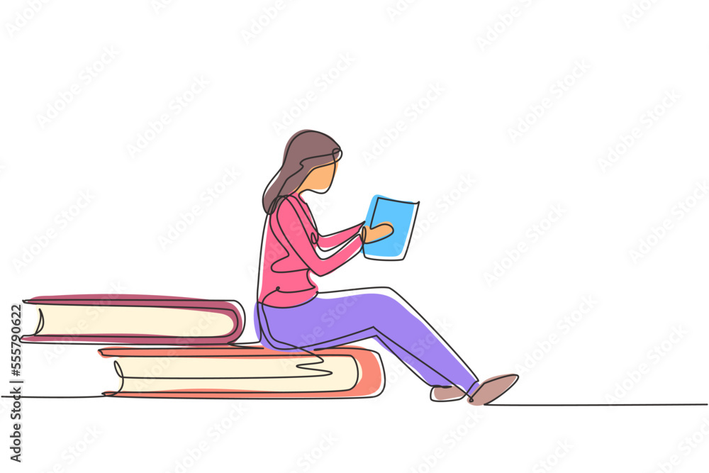 Continuous one line drawing young woman reading, learning and sitting on big books. Study in library. Literature lovers, student, education concept. Single line draw design vector graphic illustration Continuous one line drawing young woman reading, learning and sitting on big books. Study in library. Literature lovers, student, education concept. Single line draw design vector graphic illustration