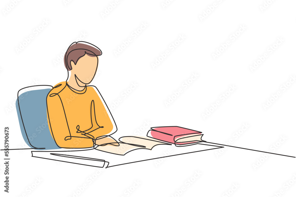 Single one line drawing young man reading, learning and sitting on chair around table. Study in library. Intelligent student, education concept. Continuous line draw design graphic vector illustration Single one line drawing young man reading, learning and sitting on chair around table. Study in library. Intelligent student, education concept. Continuous line draw design graphic vector illustration
