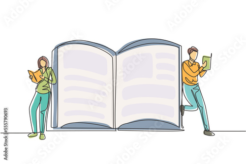 Single one line drawing students woman and man reading, learning and standing beside open huge book. Literature lovers, education concept, fair. Continuous line draw design graphic vector illustration