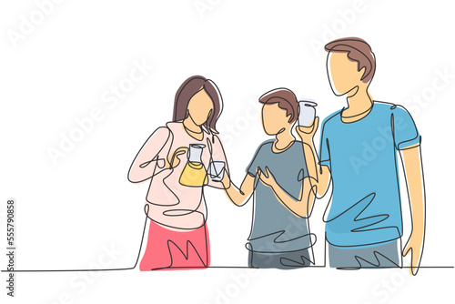 Single one line drawing teenagers celebrate togetherness and friendship by drinking hot tea. Relaxing and refresh moment in life. Modern continuous line draw design graphic vector illustration