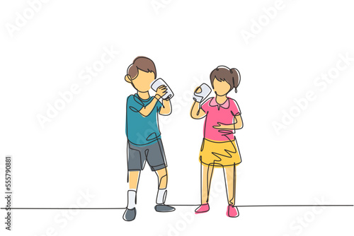 Single one line drawing pair of boys and girls standing while enjoying glass of fresh milk for growth, health and fulfillment of body nutrition. Continuous line draw design graphic vector illustration