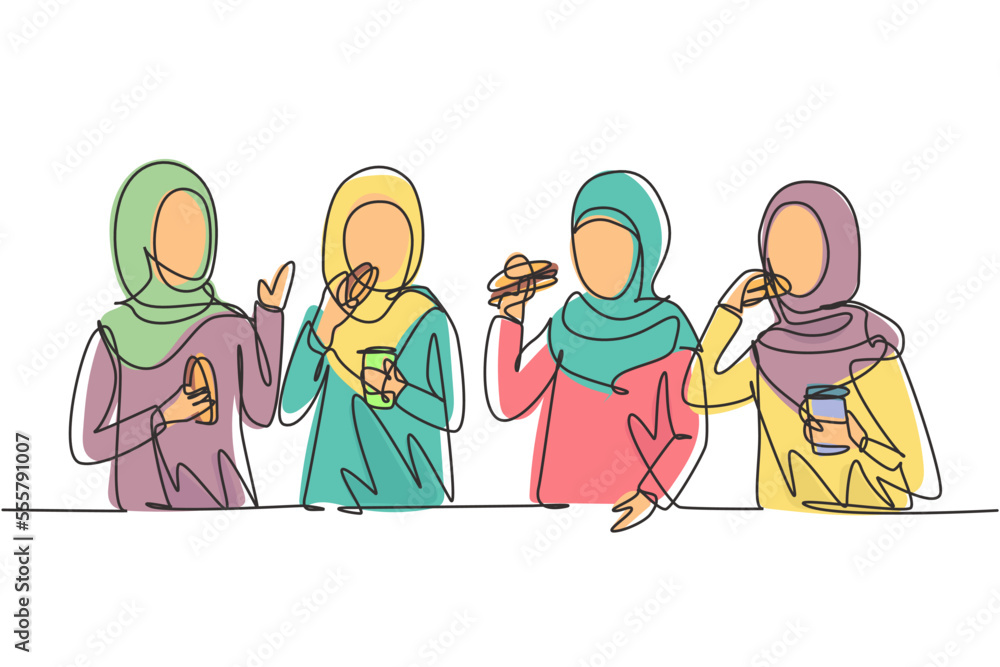 Single continuous line drawing Arabian friends eating fast food meal in restaurant. Group of happy women talking, dinner, burgers and drinking soda. One line draw graphic design vector illustration Single continuous line drawing Arabian friends eating fast food meal in restaurant. Group of happy women talking, dinner, burgers and drinking soda. One line draw graphic design vector illustration