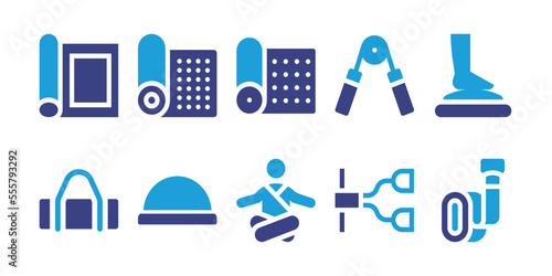 Pilates icon set. Duotone color. Vector illustration. Containing yoga mat, expander, balance, supplies, bosu ball, meditation, springboard, strap.