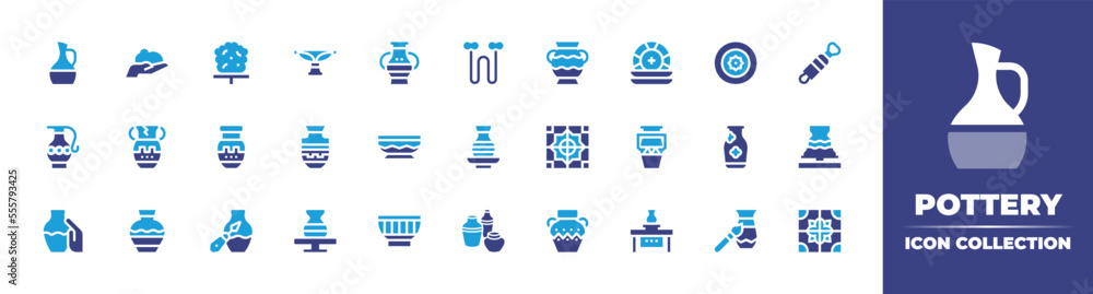 Pottery icon collection. Duotone color. Vector illustration. Containing jug, clay, greek vase, jar, wire, vase, plates, dish, trimming, amphora, tiles, clay crafting, ceramics, pottery, and more.