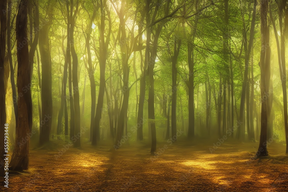 Obraz premium stands in the center of a dense, quiet forest. The ground is covered in fallen leaves, and the canopy above is thick with branches and leaves. 