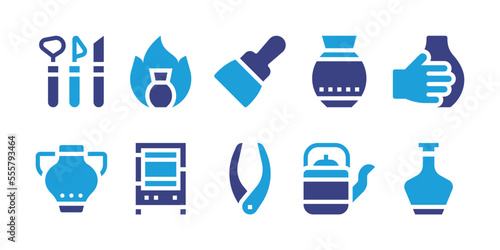 Pottery icon set. Duotone color. Vector illustration. Containing tools, fire, putty knife, pot, vase, oven, tool, teapot. photo