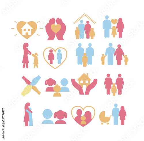 Adoption clorful icons set. Collection of stickers for social media and messengers. Lesbian or gay family with adopted children. Cartoon flat vector illustrations isolated on white background