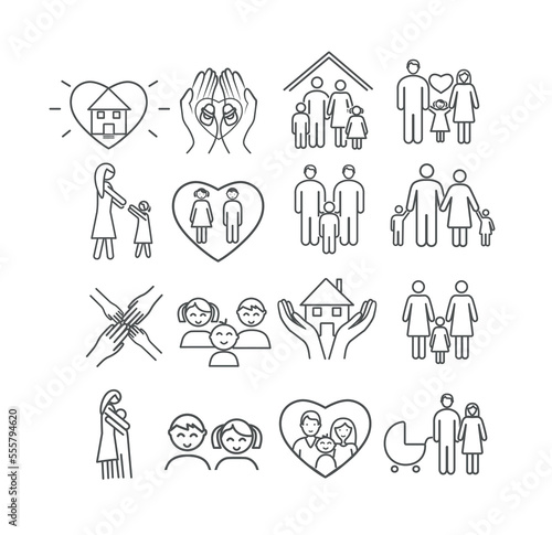 Adoption icons set. Collection of graphic elements for website. Charity, kindness and care. Children and parents, new home and family. Cartoon flat vector illustrations isolated on white background