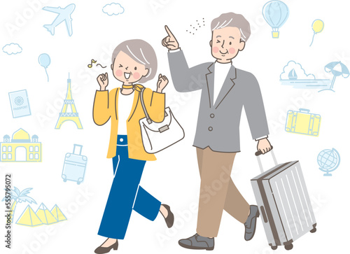 仲良く旅行する中年夫婦のイラスト素材