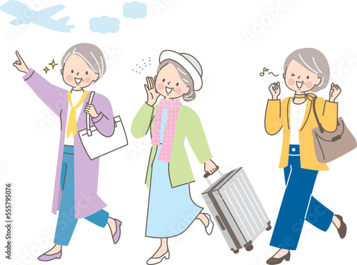 友達と旅行に行く3人の中年女性達のイラストセット