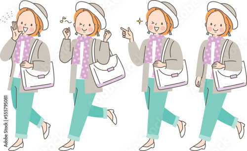オシャレをして外出する若い女性のイラストセット