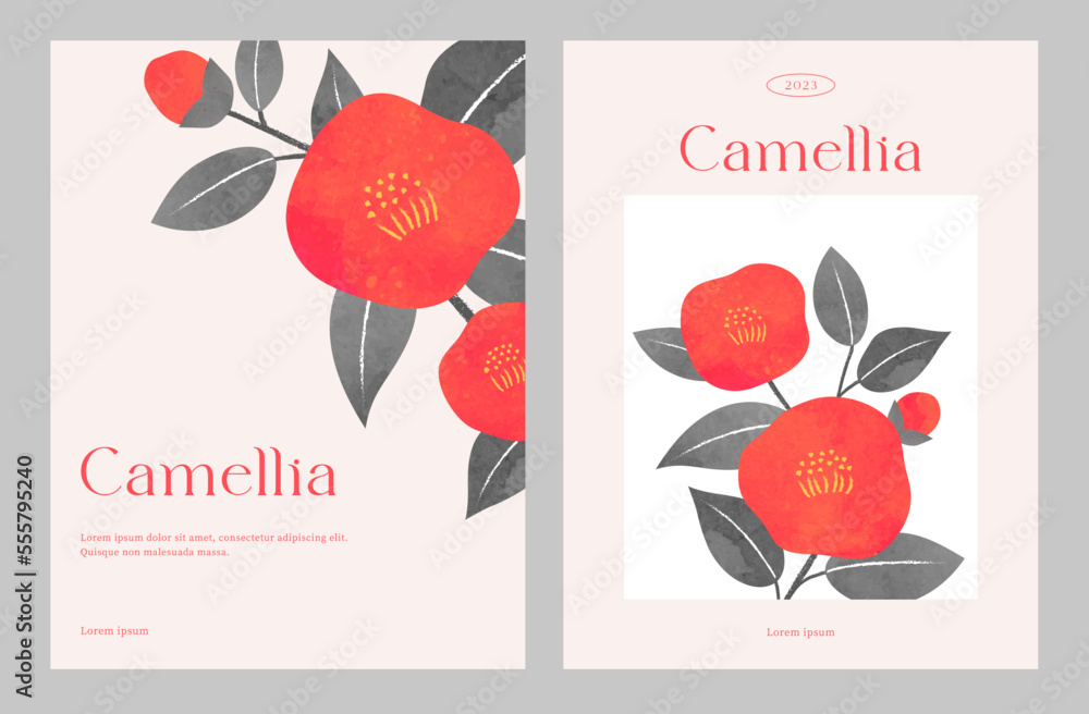Minimalist floral invitation card template. Red Japanese camellia background, Watercolor style. Cover, card, poster, flyer, banner. Modern art design. Hand drawn. Trendy Flat vector illustration. - obrazy, fototapety, plakaty 